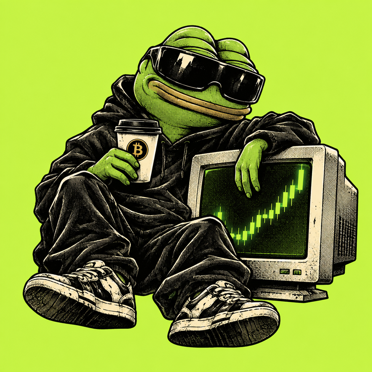 A sunglasses-wearing frog trader with coffee and a green candlestick monitor